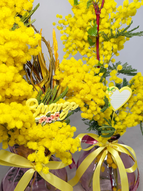 Mimosa in vasi di vetro colorati