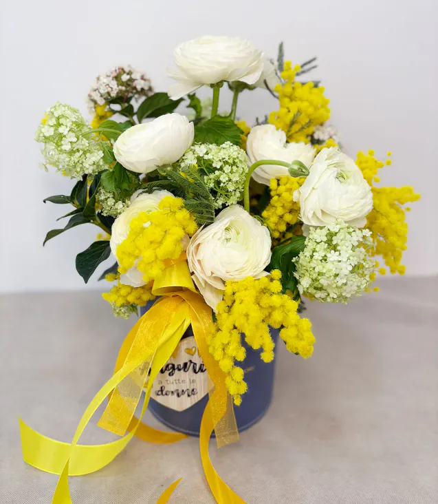 Composizione in box di mimosa per la festa della donna
